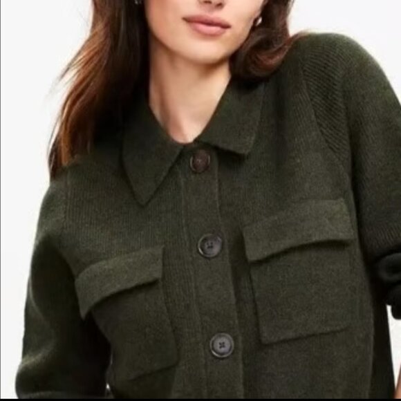 ANN TAYLOR LOFT COLLARED SWEATER JACKET CARDIGAN SPRUCE GREEN PINE NWOT SP - Picture 2 of 6